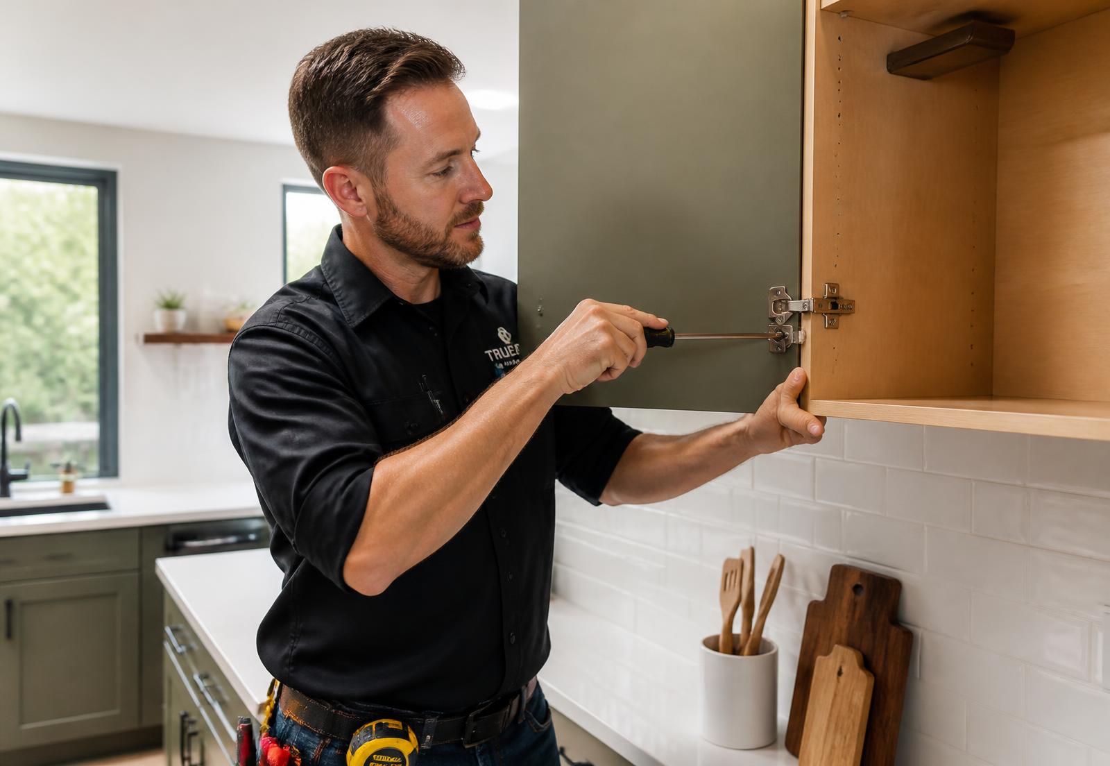 Handyman installing kitchen cabinetry in a bright remodeled kitchen